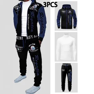 Mens 3-piece casual tracksuit set featuring zip hoodie, white turtleneck and sweatpants.