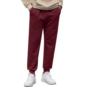 Men waffle knit casual sweatpants comfortable regular fit burgundy sports long trousers detail
