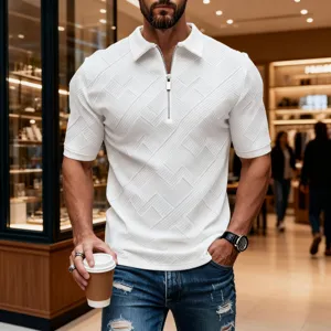 Andriko Polo Shirt Jacquard Casual Konto Maniki Lapel Misi Fermouar Kalokairino