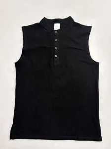 Men's vintage black stand collar sleeveless tank top, casual slim fit summer solid color shirt.