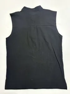 Men's black stand collar sleeveless vest, detail view showing back pleats and cut.