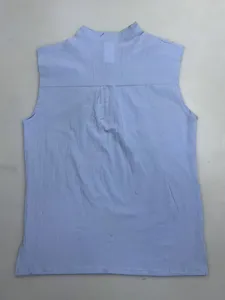 Back detail of a classic light blue mens sleeveless stand collar casual vest shirt.