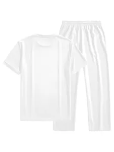 Men summer waffle short sleeve suit casual solid white matching track set detail view