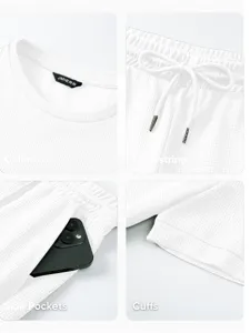 Summer mens waffle knit short sleeve casual sport set with drawstring and pockets.