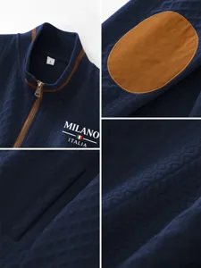 Vue detaillee de la veste en tricot pour homme avec col montant, zip et coudiere.