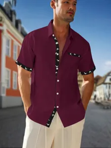 Men's Casual Short Sleeve Shirt Summer Contrast Bird Print Loose Fit Button Up Top
