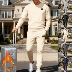 Vue détaillée du survêtement décontracté pour hommes avec sweat-shirt et pantalon assortis.
