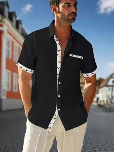 Men's casual short-sleeve contrast print shirt, stylish summer loose fit streetwear top.