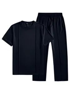 Tuta casual a maniche corte in maglia waffle da uomo estiva tinta unita t-shirt e pantaloni lunghi.