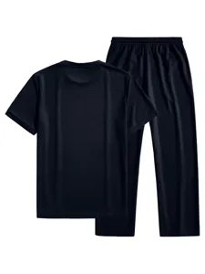 Men summer waffle knit short sleeve t-shirt and trousers lounge casual sportswear set