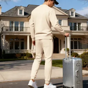 Men minimalist beige crewneck sweatshirt and joggers tracksuit set detailed view lifestyle.