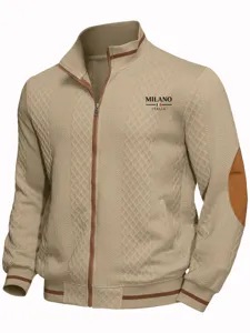 Veste zippée homme en tricot col montant kaki automne avec élégants patchs de coude