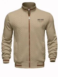 Veste en tricot pour homme avec col montant, élégant vêtement kaki zippé pour une belle saison.