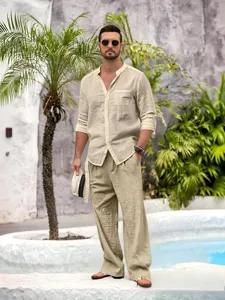 Men's casual linen long sleeve shirt and trousers set with mandarin collar and pocket.