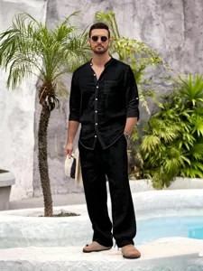 Men black linen long sleeve mandarin collar shirt and casual pants set breathable outfit for spring