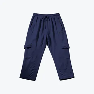 Men's loose straight fit cargo cropped pants with elastic drawstring waist and pockets.
