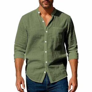 Detailed view of the men's long-sleeve linen shirt in army green with mandarin collar style.