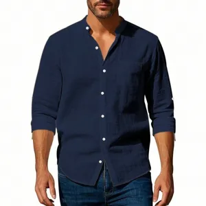 Men's casual long sleeve linen shirt mandarin collar button detail pocket design breathable summer