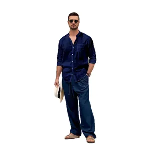Men Long Sleeve Linen Shirt Casual Pants Set Spring Autumn Mandarin Collar Pocket Outfit