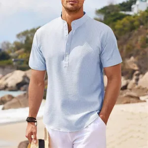 Men's short sleeve stand collar casual shirt with textured seersucker fabric design.