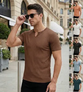 Hombre verano cuello V manga corta tejido color solido camiseta casual slim fit top