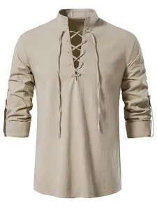 Herren Casual Baumwollmischung Langarm Hemd Stehkragen V-Ausschnitt Schnürung Strand Tops Einifarbig Locker sitzende Modekleidung