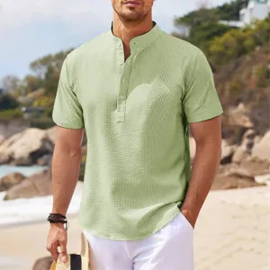 Men casual short sleeve stand collar waffle texture shirt product detail display.