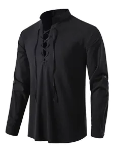 Herren Freizeit Baumwolle Leinen Henley Hemd Langarm Stehkragen Strandoberteil Schwarz