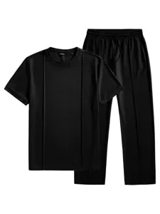 Completo t-shirt e pantaloni a nido d'ape da uomo estivo abbigliamento sportivo nero.