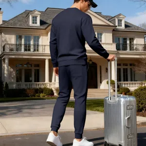 Men casual sportswear set, dark blue long sleeve sweatshirt and joggers for daily active wear.