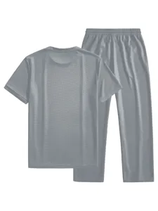 Gray waffle knit short sleeve t shirt and pants detail view for men comfort summer set.