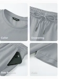 Men waffle casual short sleeve summer set detail view showing collar and pocket features