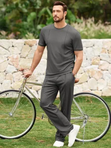 Set estivo da uomo in maglia waffle con top a maniche corte e pantaloni casual.