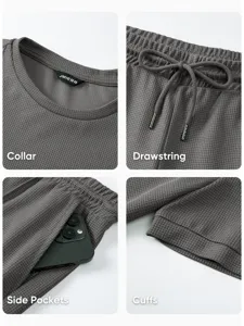 Men's waffle knit casual short-sleeve set detail view showcasing collar, drawstring and pockets.