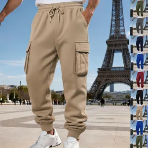 Men's Fleece Lined Casual Cargo Sweatpants Winter Warm Loose Jogger Pants Elastic Waist Drawstring Multi Pocket Trousers