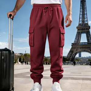 Men's fleece cargo sweatpants, loose casual joggers with pockets and drawstring for winter.