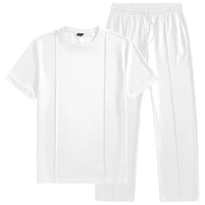Men summer waffle knit short sleeve t shirt and pants casual tracksuit outfit white