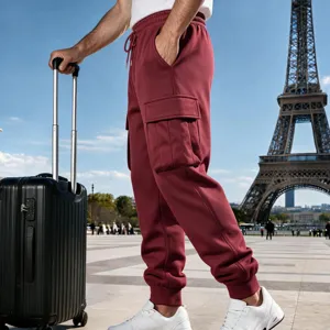 Men fleece lined cargo sweatpants in dark red, featuring elastic waist and side pockets.