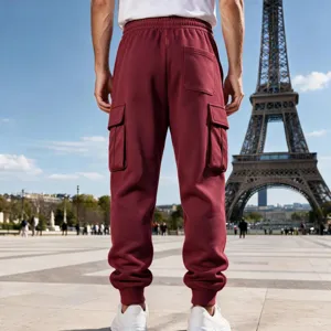 Burgundy cargo sweatpants back detail, featuring practical side pockets and ribbed cuffs.