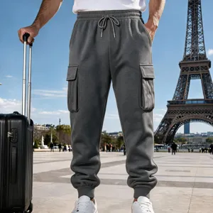Men's fleece-lined cargo sweatpants, casual loose joggers with pockets and drawstring waist.
