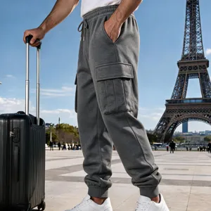 Men's fleece-lined cargo sweatpants casual loose winter thermal joggers with pockets