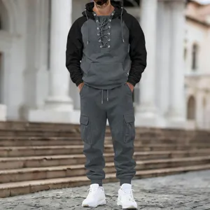 Ensemble survêtement polaire homme sweat à capuche raglan pantalon cargo de sport