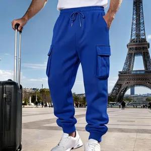 Men's fleece cargo sweatpants casual loose winter joggers with multi pockets and drawstring.