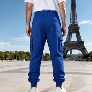 Men's blue fleece-lined cargo sweatpants casual loose fit joggers trousers with pockets