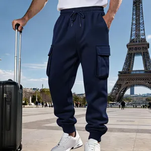 Mens fleece cargo sweatpants loose casual joggers winter trousers with pockets detail view