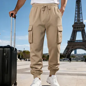 Men's fleece-lined casual cargo joggers detail, loose fit khaki athletic pants with pockets.