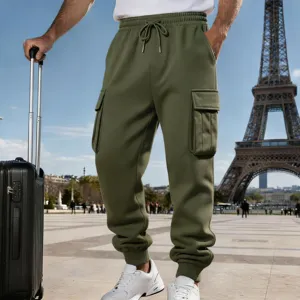 Men's fleece-lined olive green cargo sweatpants with multi-pockets and drawstring waist.