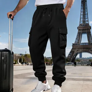 Men's black cargo sweatpants detail view, showing elastic drawstring waist and side pockets.