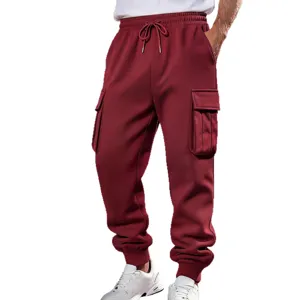Men's casual cargo sweatpants drawstring waist burgundy jogger pants streetwear activewear