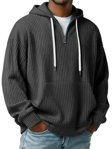 Men's casual solid color ribbed quarter-zip hoodie with adjustable white drawstrings.